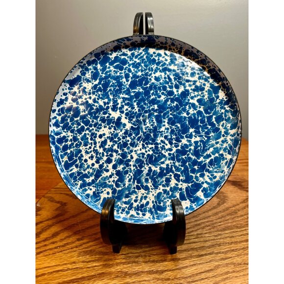 Vintage enamel graniteware blue and white splatter ten  inch plate - Picture 1 of 7